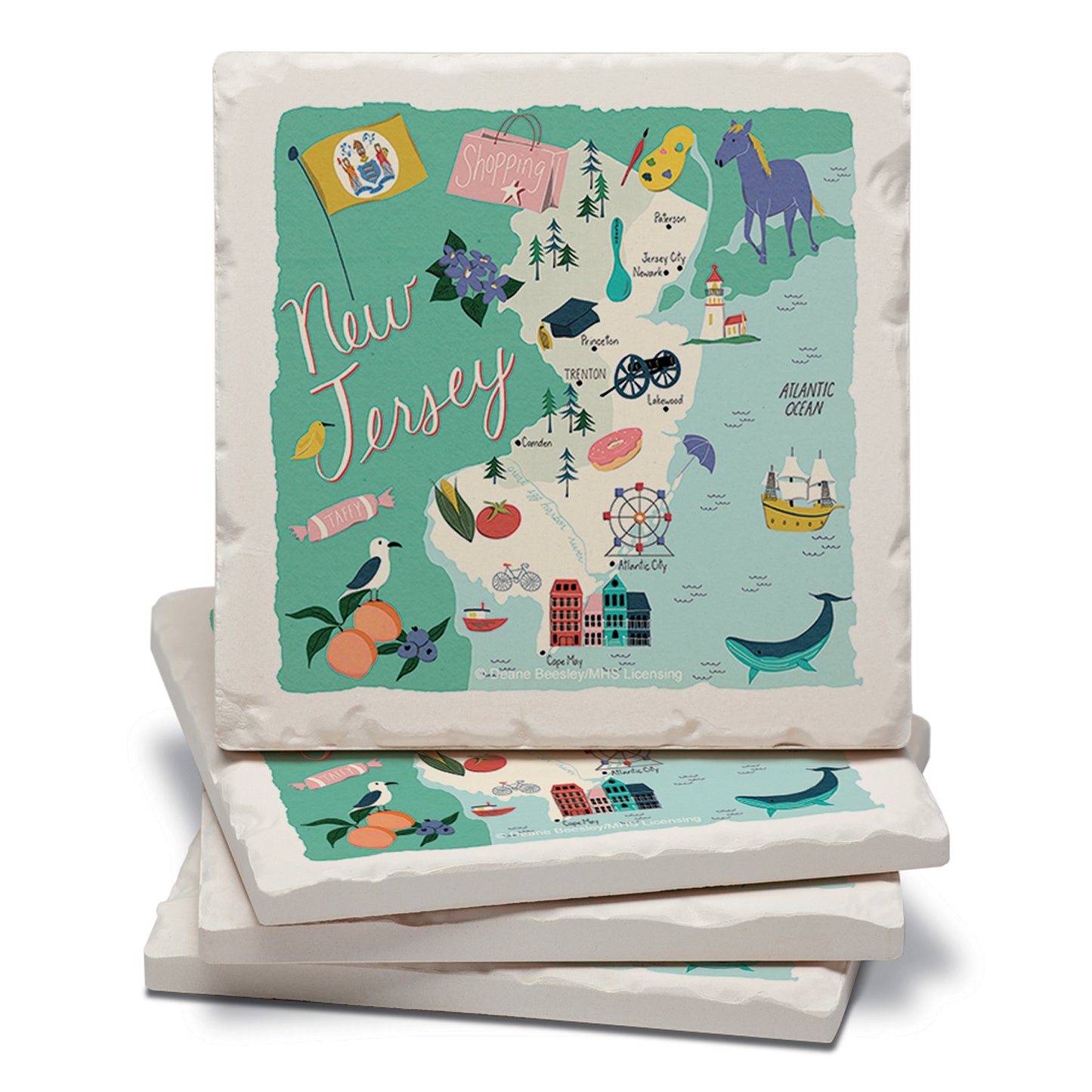Thirstystone New Jersey Home State 4 Pack Tumbled Tile Stone Coasters 4" Square Manufactured in the USA