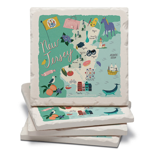 Thirstystone New Jersey Home State 4 Pack Tumbled Tile Stone Coasters 4" Square Manufactured in the USA