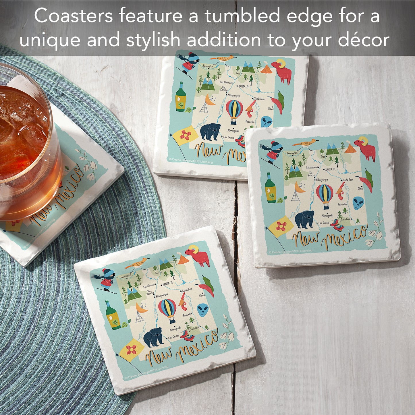 Thirstystone New Mexico Home State 4 Pack Tumbled Tile Stone Coasters 4" Square Manufactured in the USA