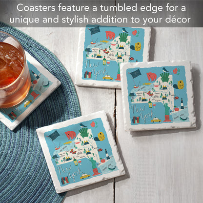 Thirstystone New York Home State 4 Pack Tumbled Tile Stone Coasters 4" Square Manufactured in the USA