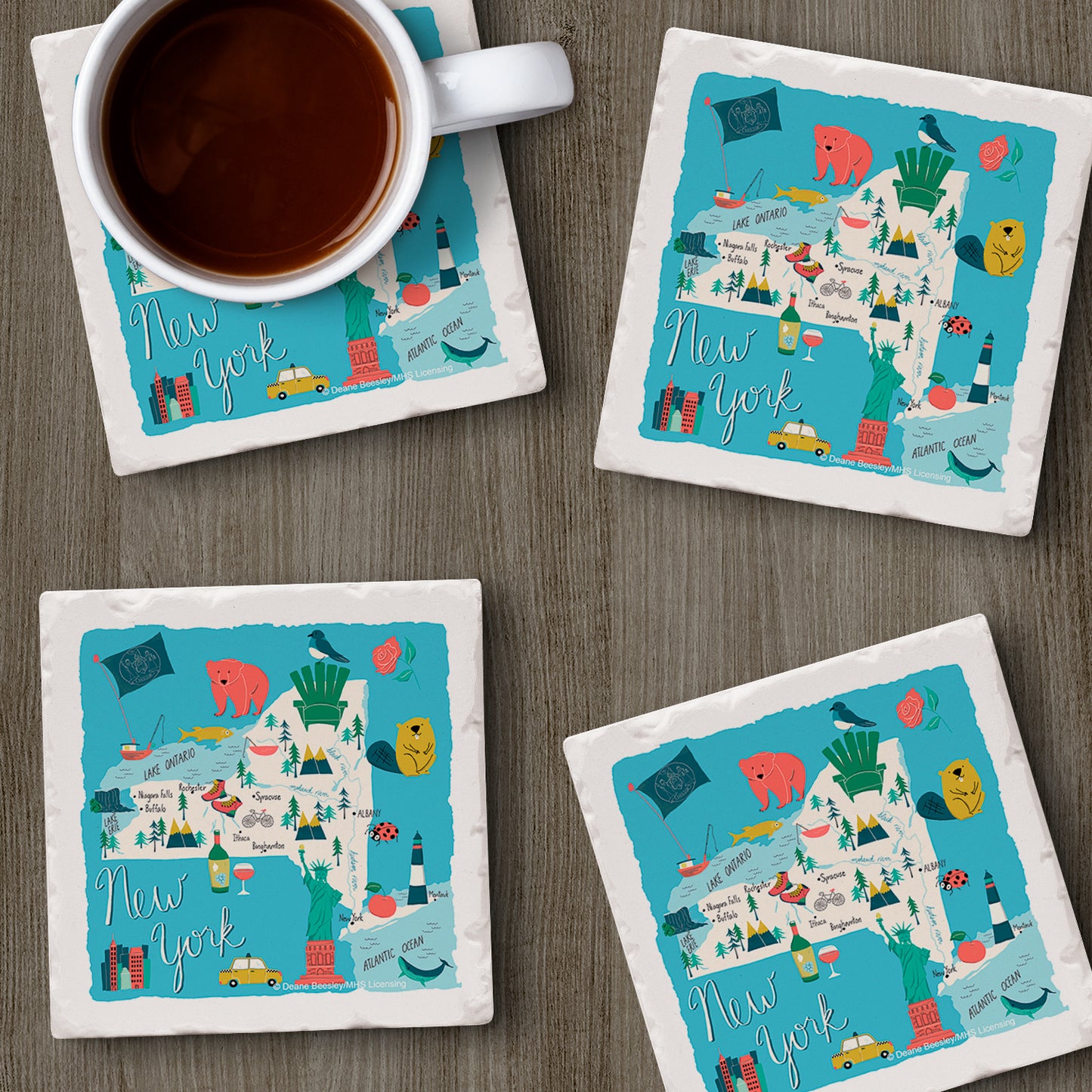 Thirstystone New York Home State 4 Pack Tumbled Tile Stone Coasters 4" Square Manufactured in the USA