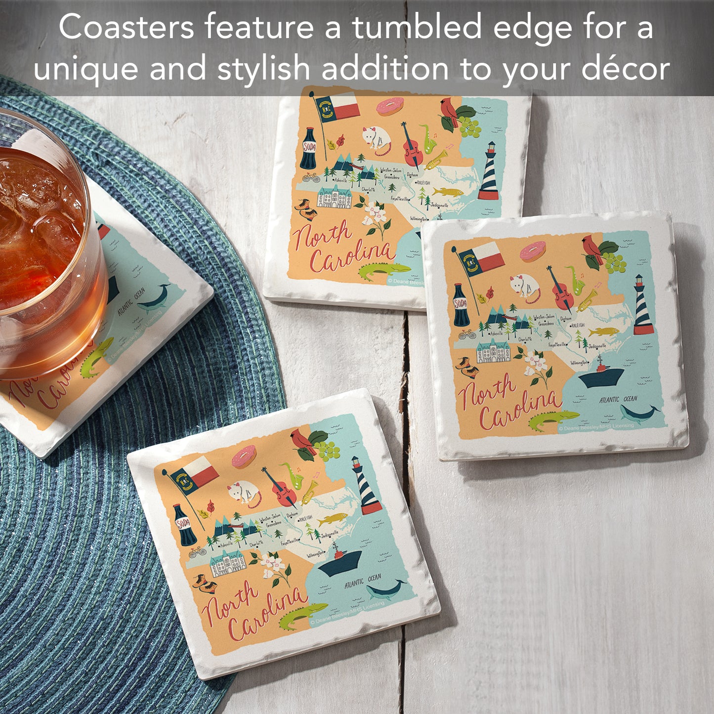 Thirstystone North Carolina Home State 4 Pack Tumbled Tile Stone Coasters 4" Square Manufactured in the USA