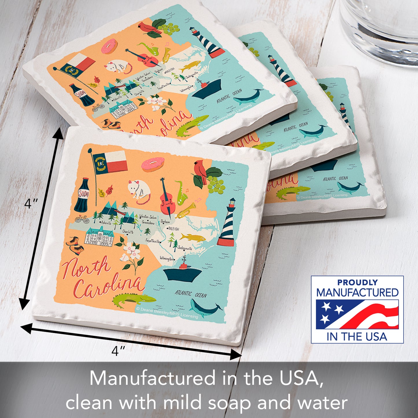 Thirstystone North Carolina Home State 4 Pack Tumbled Tile Stone Coasters 4" Square Manufactured in the USA