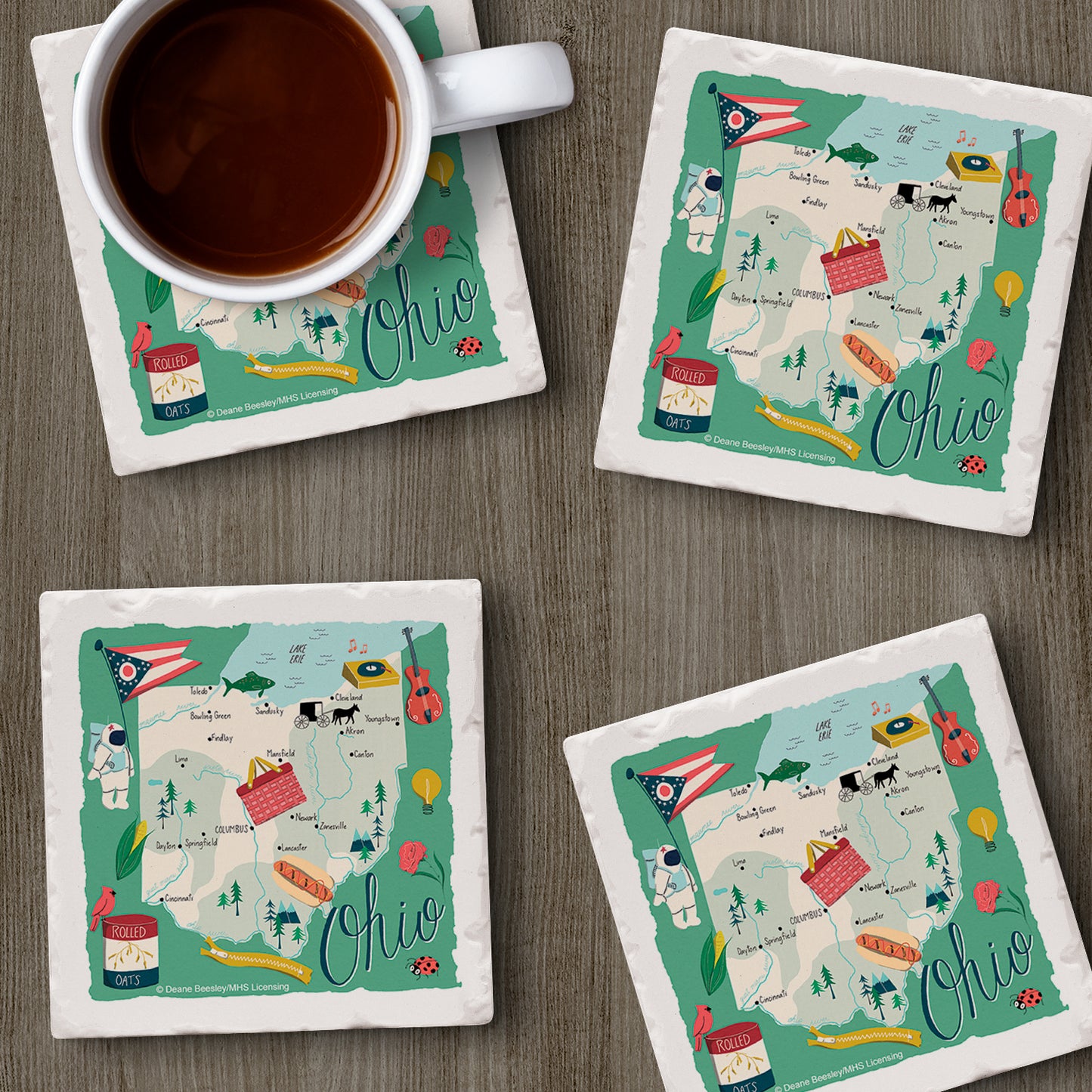 Thirstystone Ohio Home State 4 Pack Tumbled Tile Stone Coasters 4" Square Manufactured in the USA