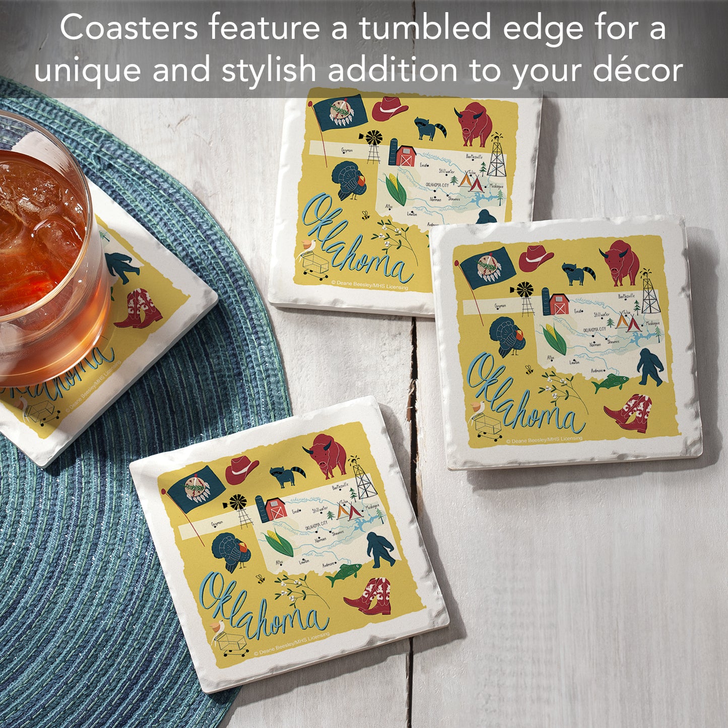 Thirstystone Oklahoma Home State 4 Pack Tumbled Tile Stone Coasters 4" Square Manufactured in the USA