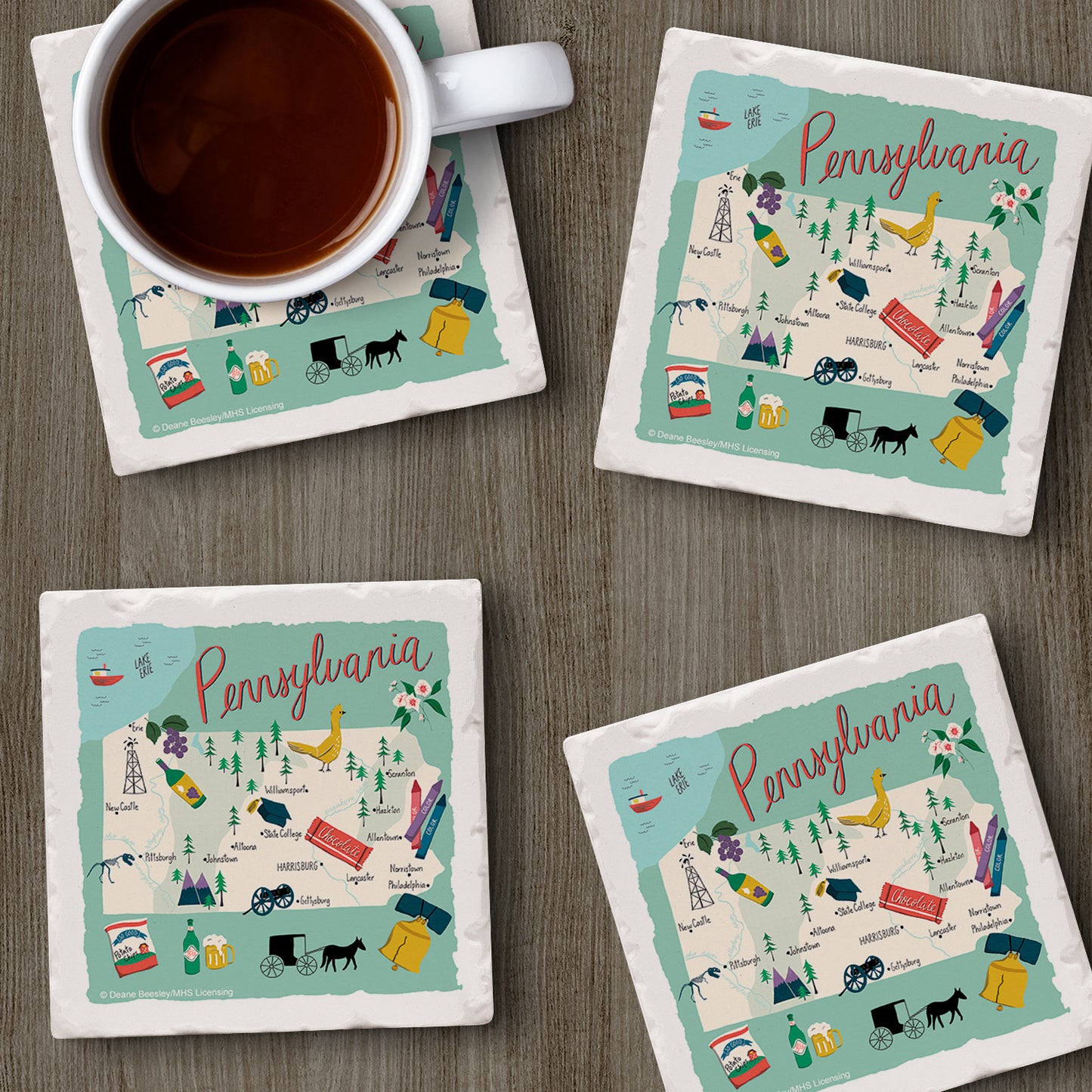 Thirstystone Pennsylvania Home State 4 Pack Tumbled Tile Stone Coasters 4" Square Manufactured in the USA