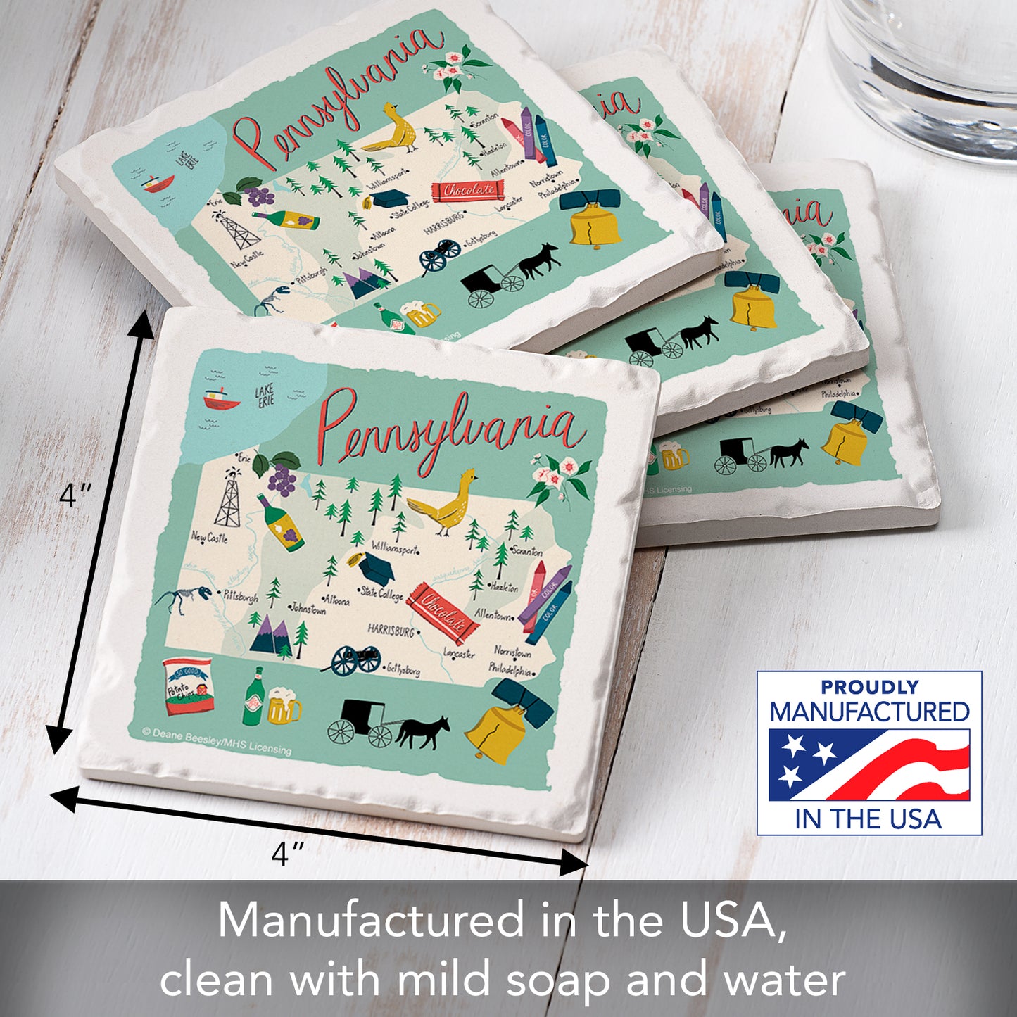Thirstystone Pennsylvania Home State 4 Pack Tumbled Tile Stone Coasters 4" Square Manufactured in the USA