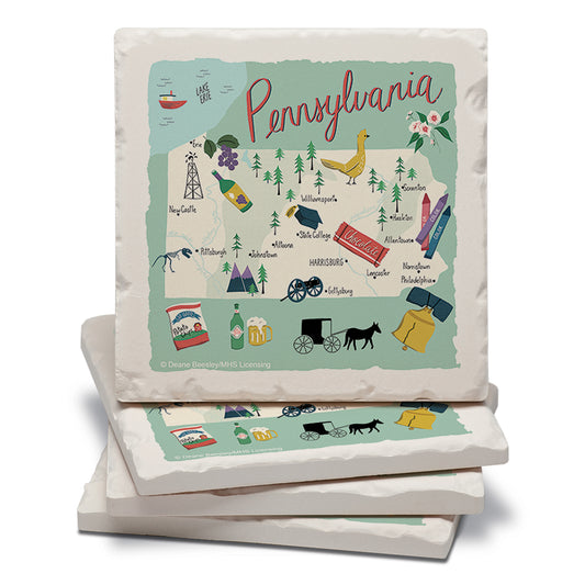 Thirstystone Pennsylvania Home State 4 Pack Tumbled Tile Stone Coasters 4" Square Manufactured in the USA