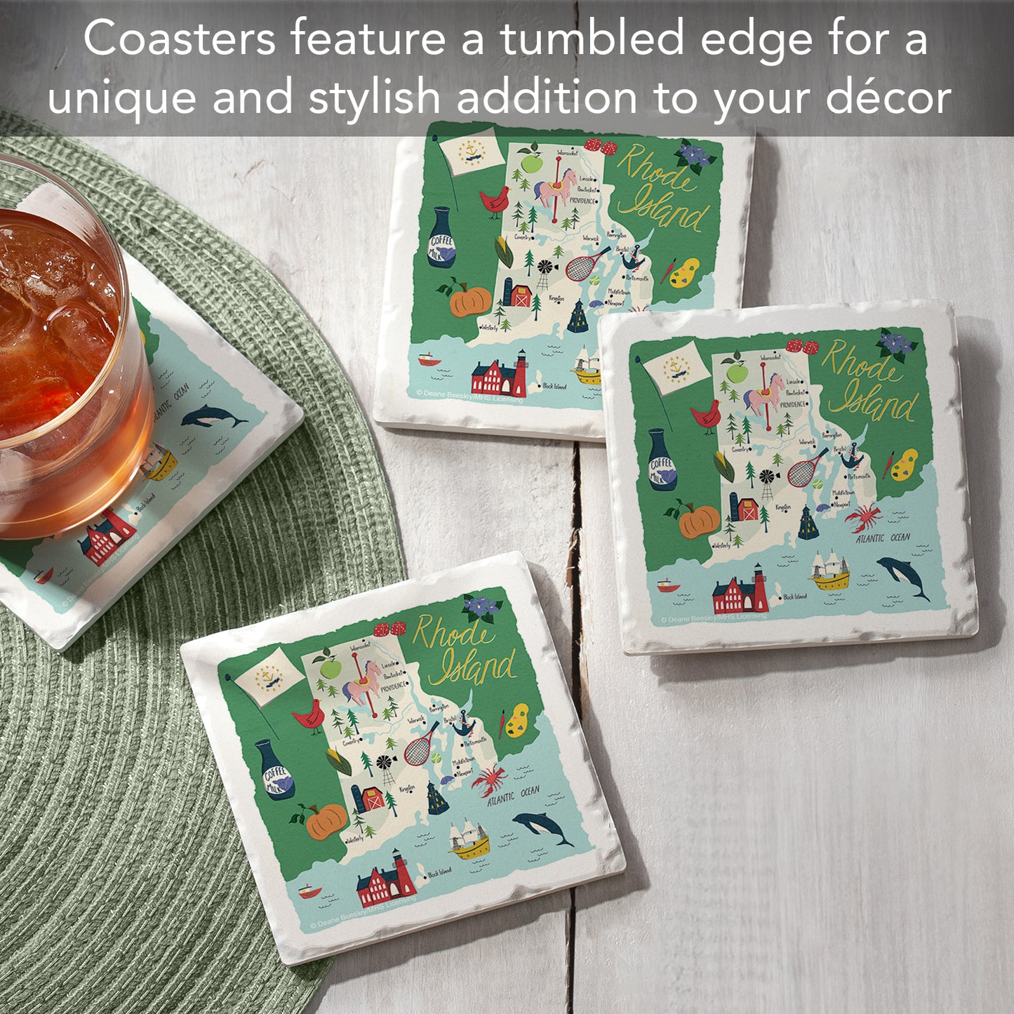 Thirstystone Rhode Island Home State 4 Pack Tumbled Tile Stone Coasters 4" Square Manufactured in the USA