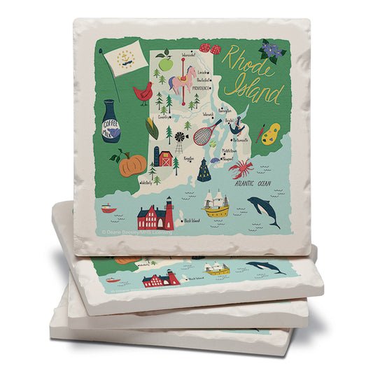 Thirstystone Rhode Island Home State 4 Pack Tumbled Tile Stone Coasters 4" Square Manufactured in the USA
