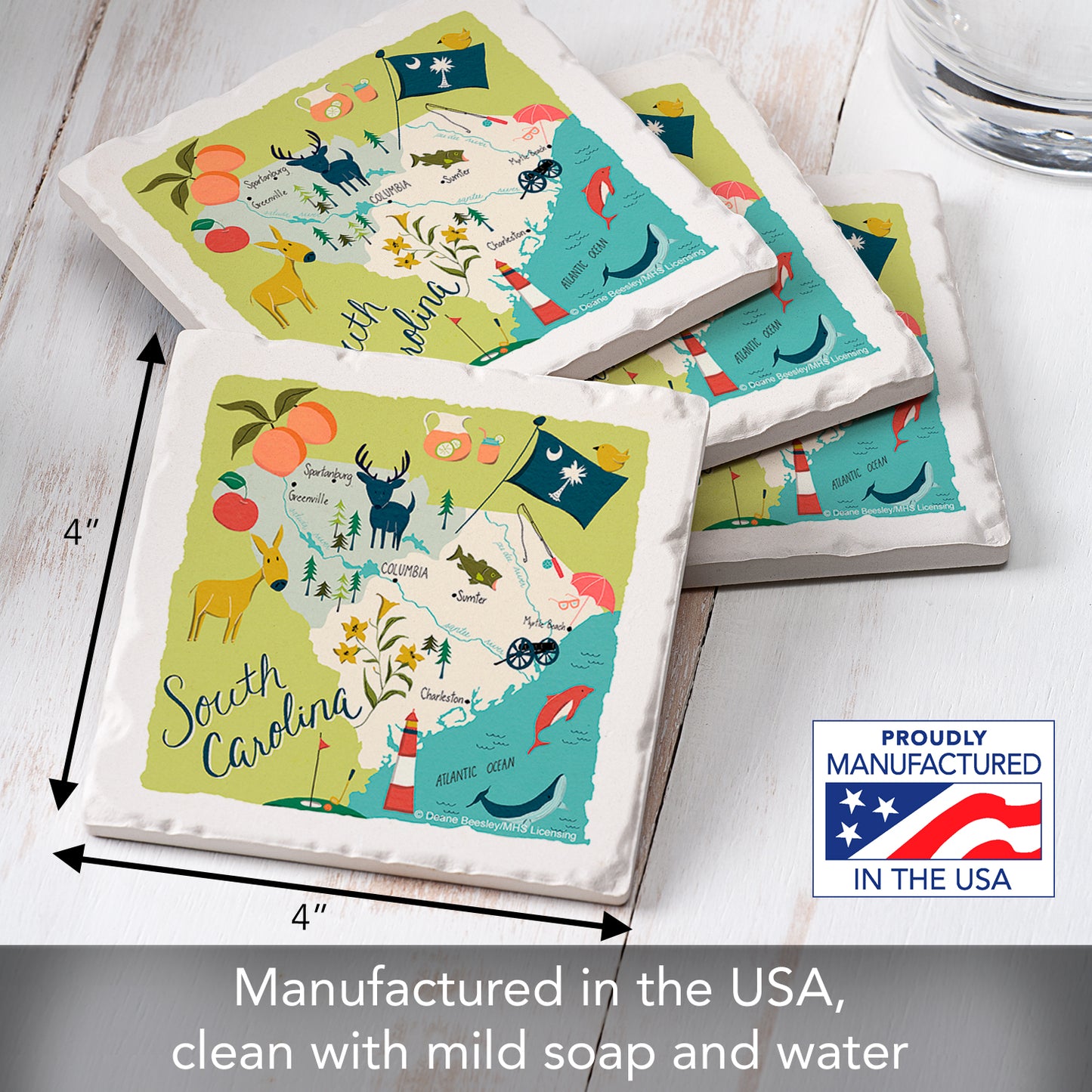 Thirstystone South Carolina Home State 4 Pack Tumbled Tile Stone Coasters 4" Square Manufactured in the USA