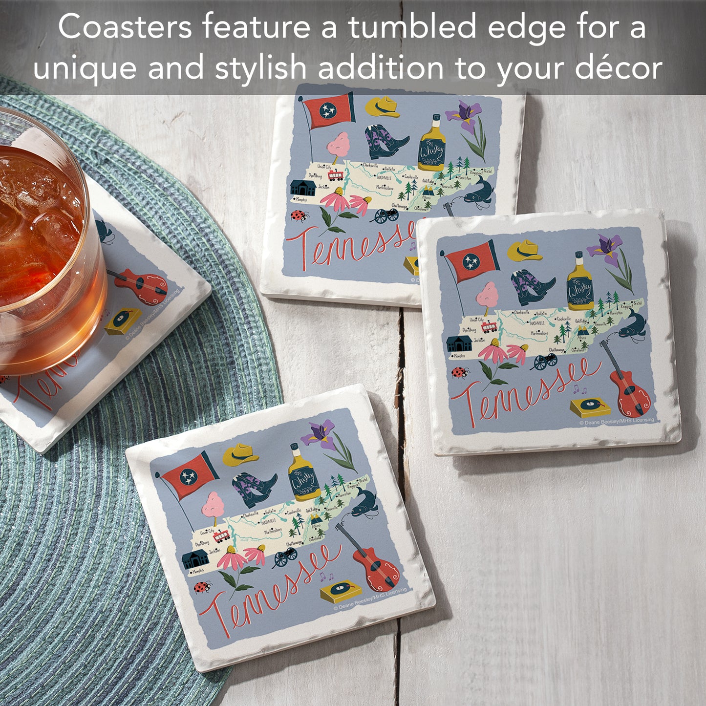 Thirstystone Tennessee Home State 4 Pack Tumbled Tile Stone Coasters 4" Square Manufactured in the USA