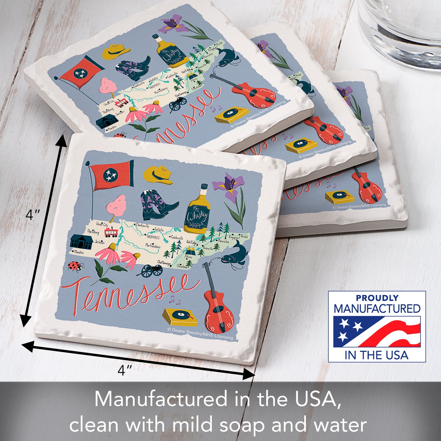 Thirstystone Tennessee Home State 4 Pack Tumbled Tile Stone Coasters 4" Square Manufactured in the USA