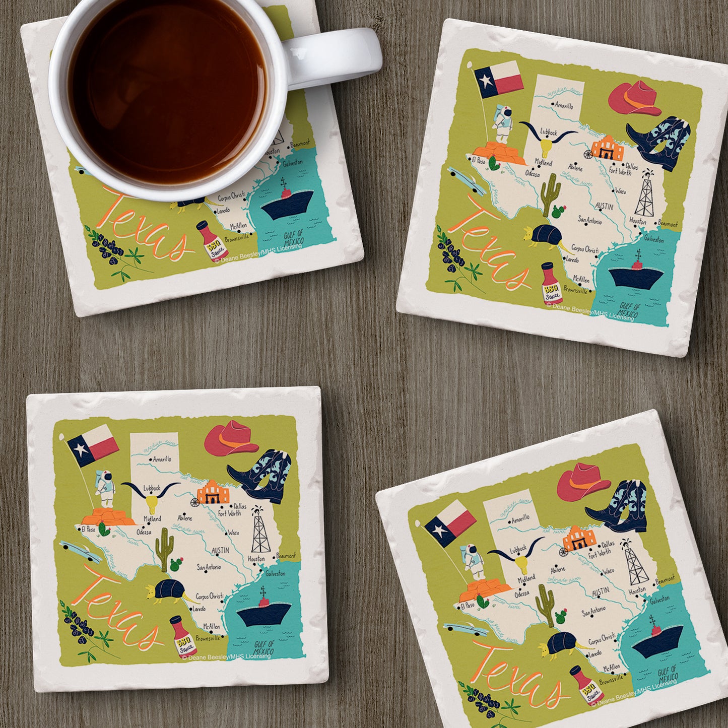 Thirstystone Texas Home State 4 Pack Tumbled Tile Stone Coasters 4" Square Manufactured in the USA