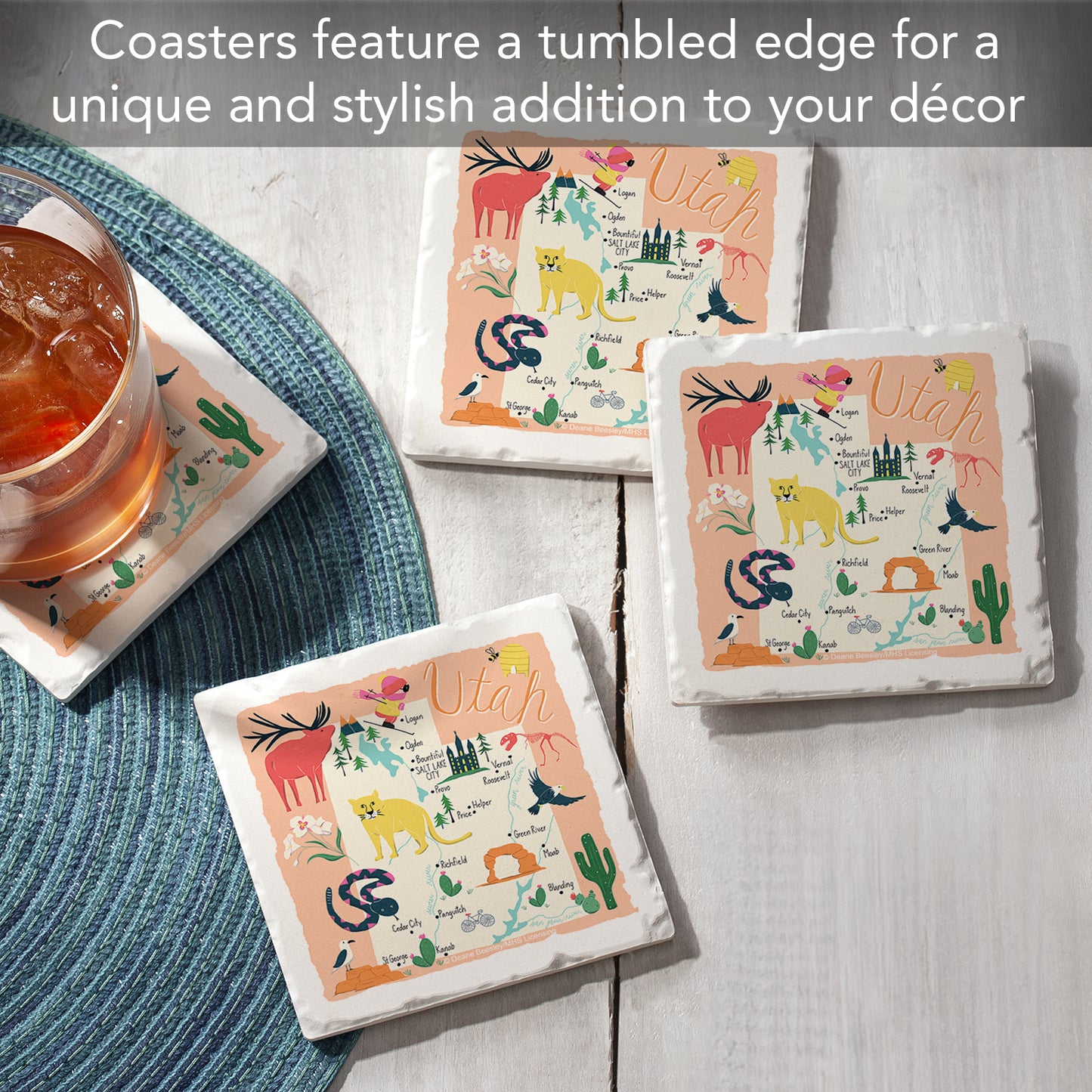 Thirstystone Utah Home State 4 Pack Tumbled Tile Stone Coasters 4" Square Manufactured in the USA