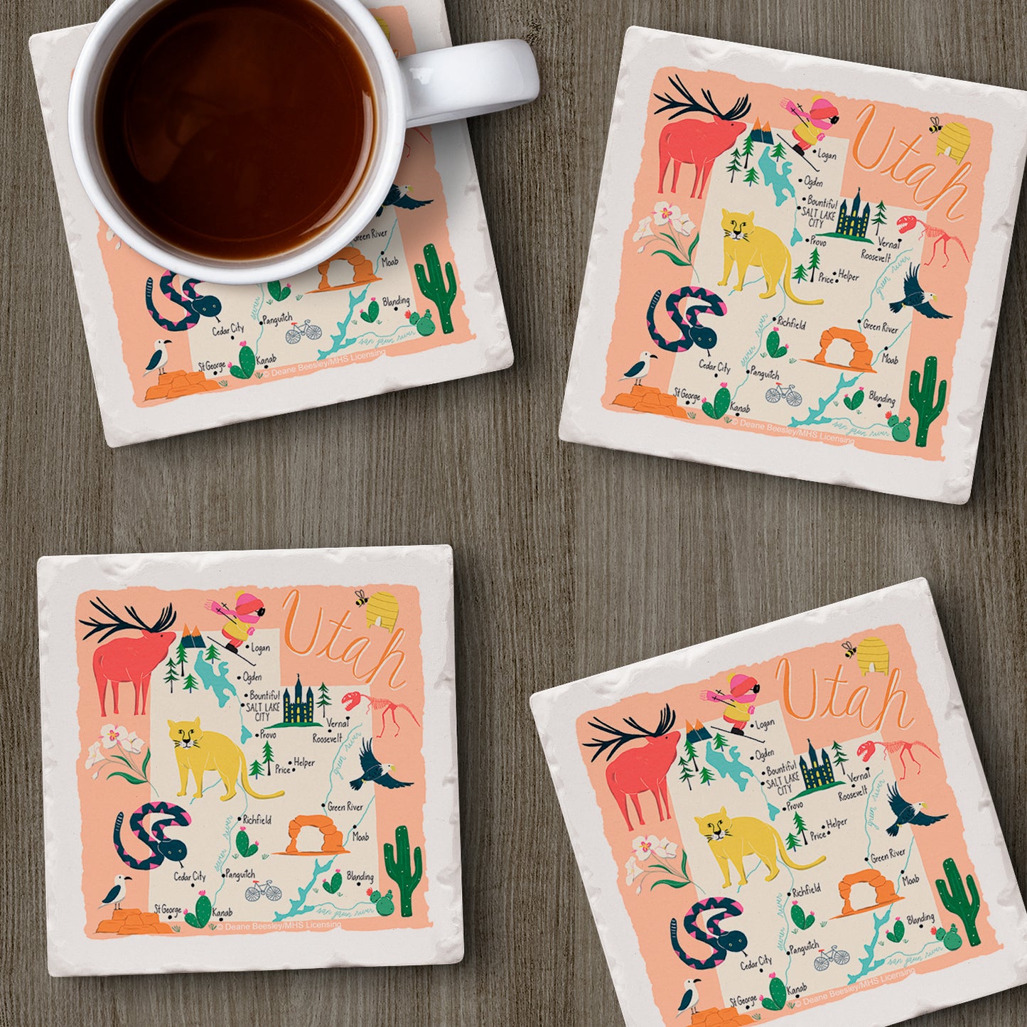 Thirstystone Utah Home State 4 Pack Tumbled Tile Stone Coasters 4" Square Manufactured in the USA