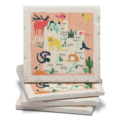 Thirstystone Utah Home State 4 Pack Tumbled Tile Stone Coasters 4" Square Manufactured in the USA