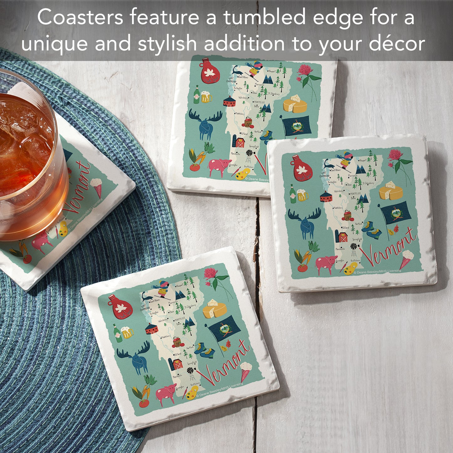 Thirstystone Vermont Home State 4 Pack Tumbled Tile Stone Coasters 4" Square Manufactured in the USA