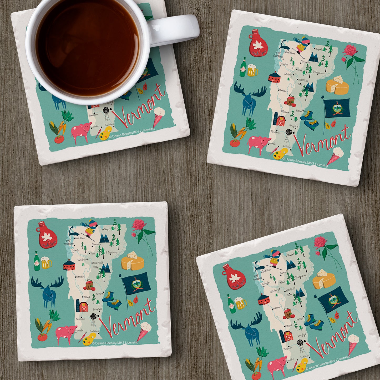 Thirstystone Vermont Home State 4 Pack Tumbled Tile Stone Coasters 4" Square Manufactured in the USA