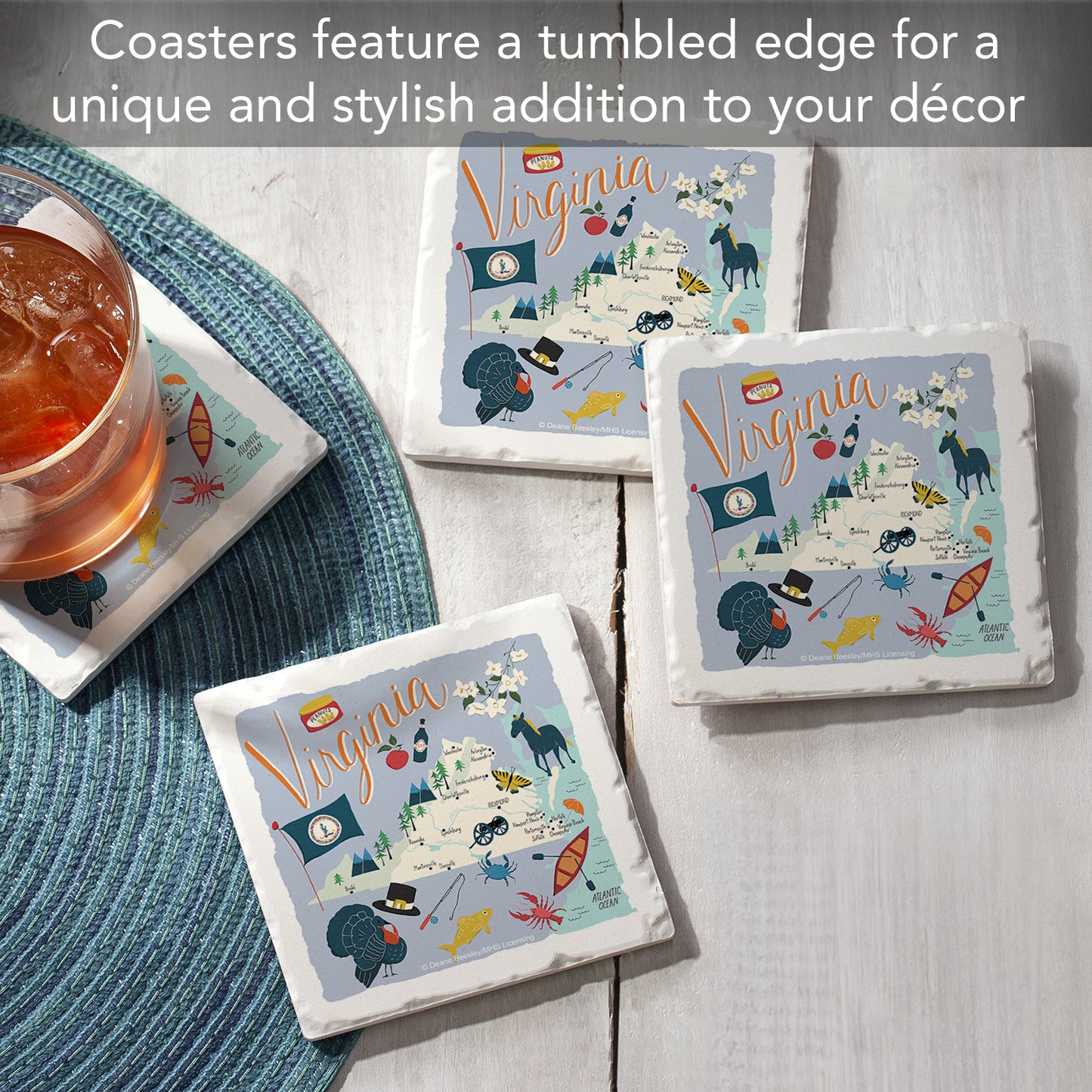 Thirstystone Virginia Home State 4 Pack Tumbled Tile Stone Coasters 4" Square Manufactured in the USA