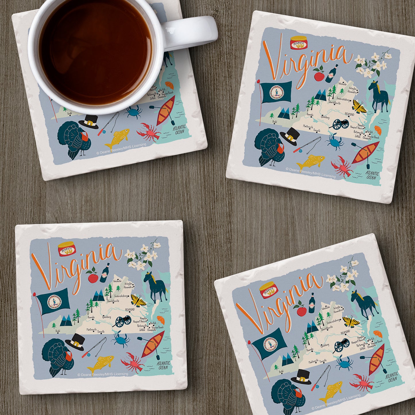 Thirstystone Virginia Home State 4 Pack Tumbled Tile Stone Coasters 4" Square Manufactured in the USA