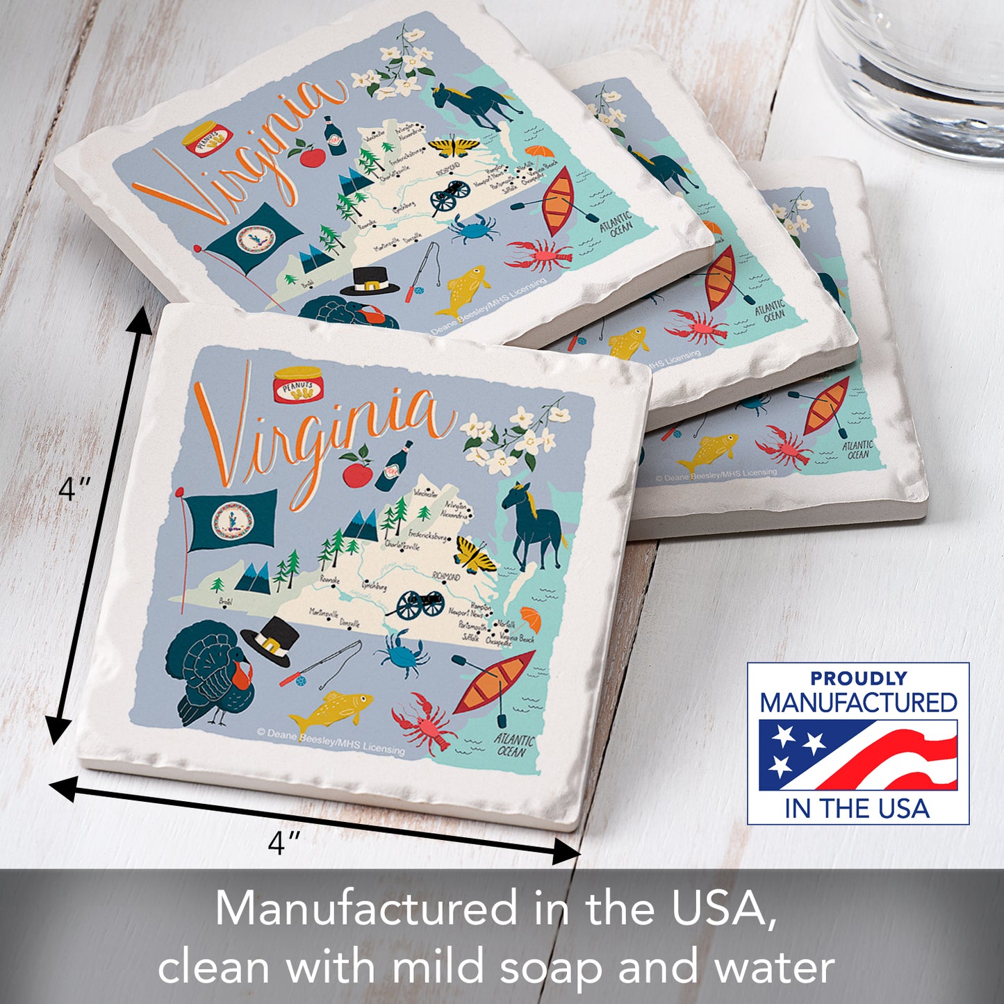 Thirstystone Virginia Home State 4 Pack Tumbled Tile Stone Coasters 4" Square Manufactured in the USA