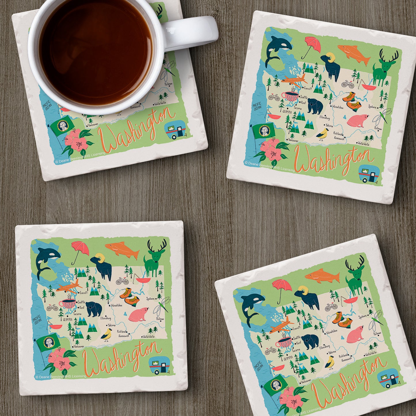 Thirstystone Washington Home State 4 Pack Tumbled Tile Stone Coasters 4" Square Manufactured in the USA