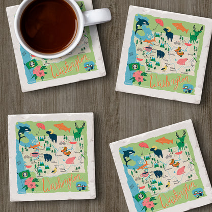 Thirstystone Washington Home State 4 Pack Tumbled Tile Stone Coasters 4" Square Manufactured in the USA