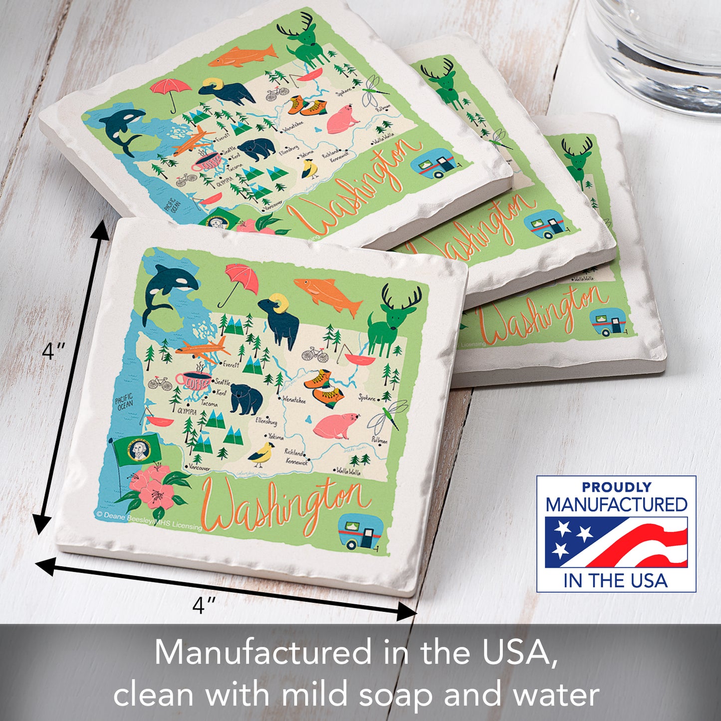 Thirstystone Washington Home State 4 Pack Tumbled Tile Stone Coasters 4" Square Manufactured in the USA
