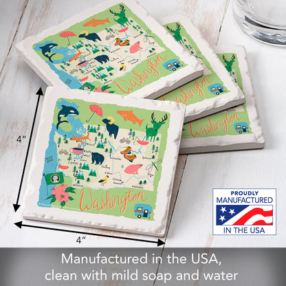 Thirstystone Washington Home State 4 Pack Tumbled Tile Stone Coasters 4" Square Manufactured in the USA