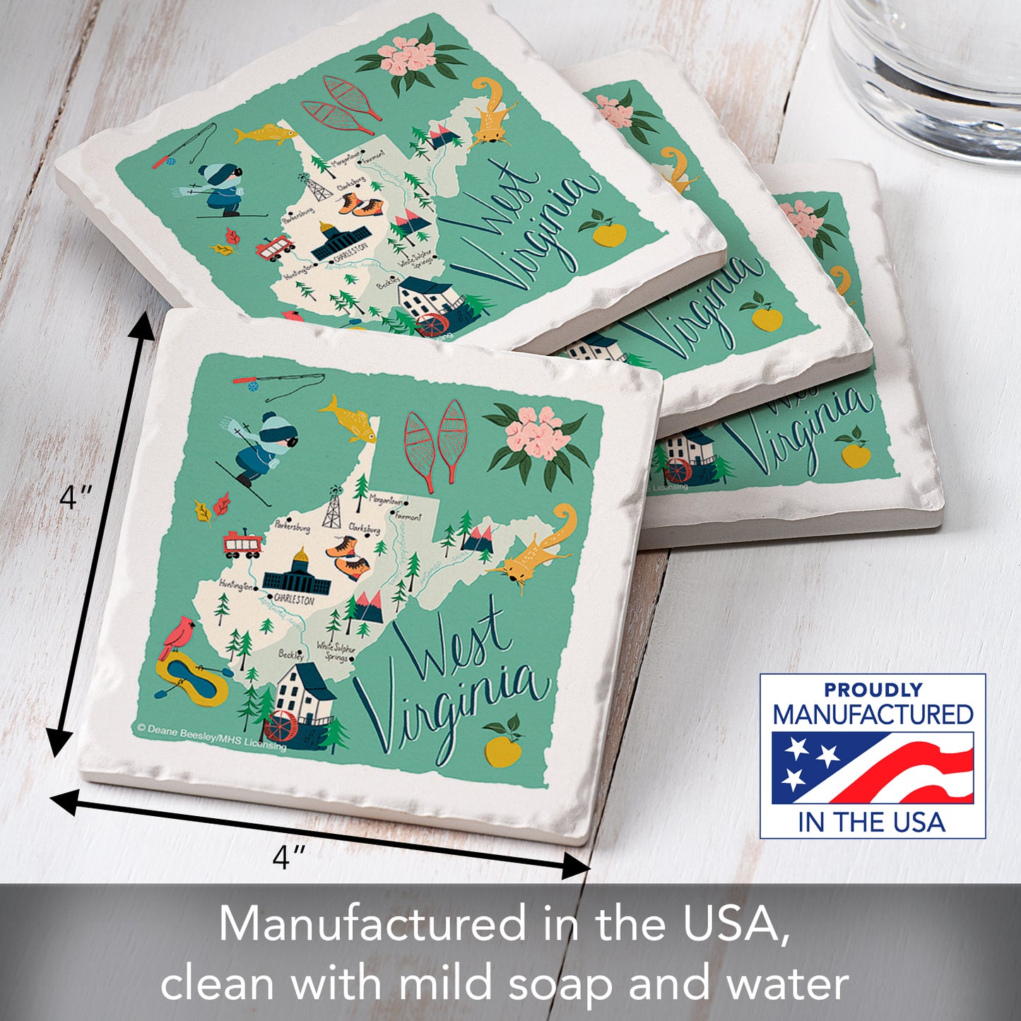 Thirstystone West Virginia Home State 4 Pack Tumbled Tile Stone Coasters 4" Square Manufactured in the USA