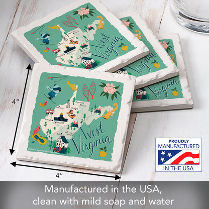Thirstystone West Virginia Home State 4 Pack Tumbled Tile Stone Coasters 4" Square Manufactured in the USA
