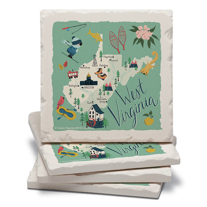 Thirstystone West Virginia Home State 4 Pack Tumbled Tile Stone Coasters 4" Square Manufactured in the USA