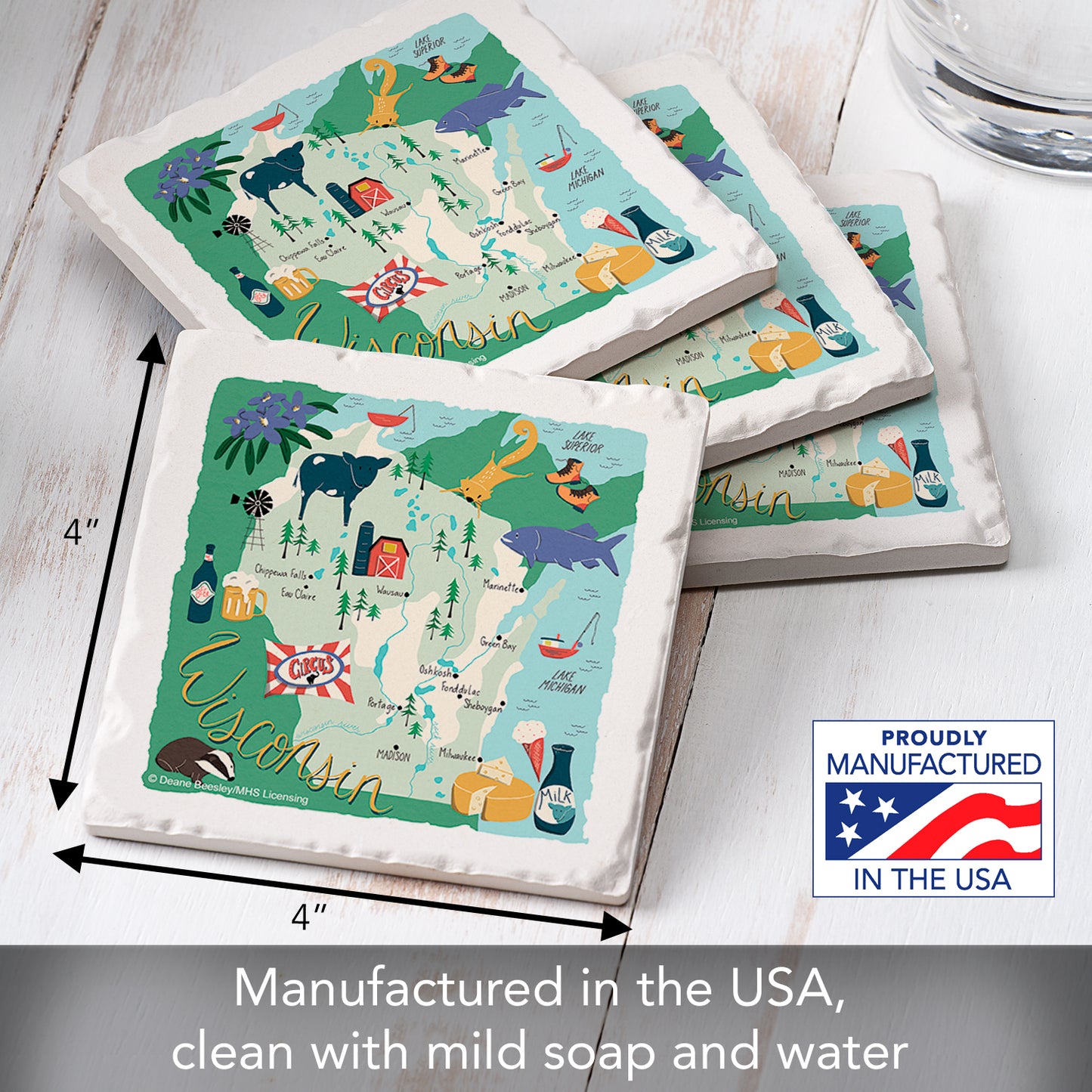 Thirstystone Wisconsin Home State 4 Pack Tumbled Tile Stone Coasters 4" Square Manufactured in the USA
