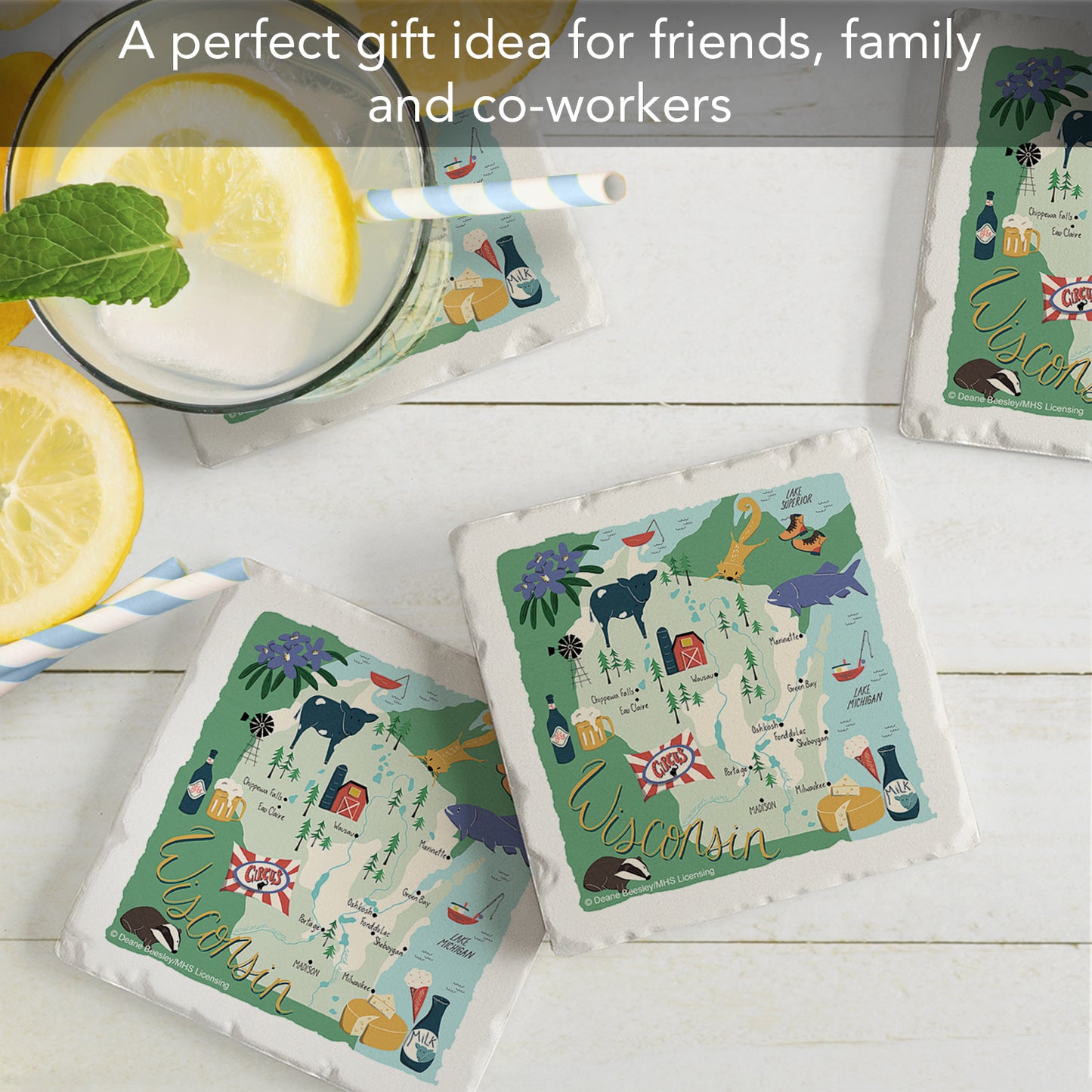 Thirstystone Wisconsin Home State 4 Pack Tumbled Tile Stone Coasters 4" Square Manufactured in the USA