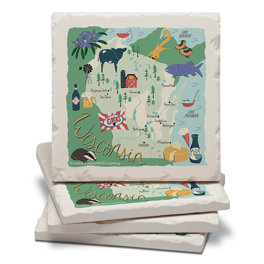 Thirstystone Wisconsin Home State 4 Pack Tumbled Tile Stone Coasters 4" Square Manufactured in the USA