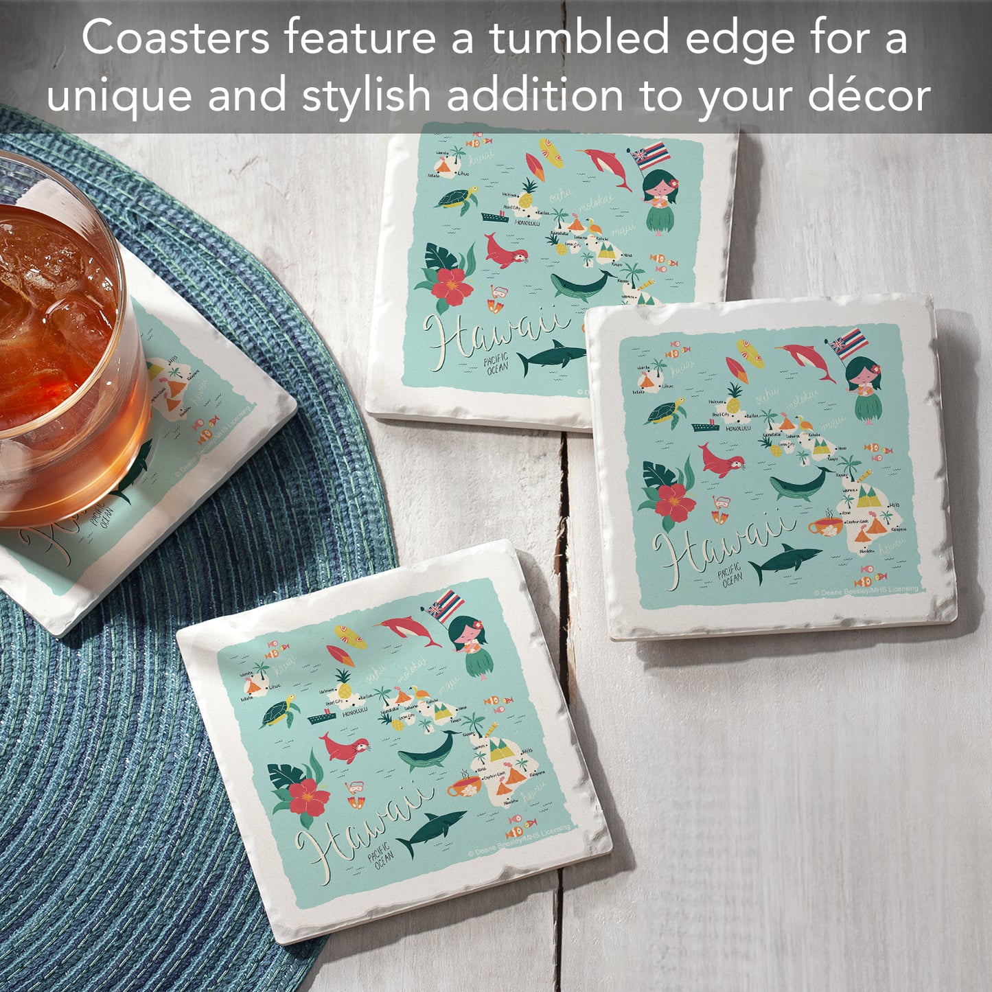 Thirstystone Hawaii Home State 4 Pack Tumbled Tile Stone Coasters 4" Square Manufactured in the USA