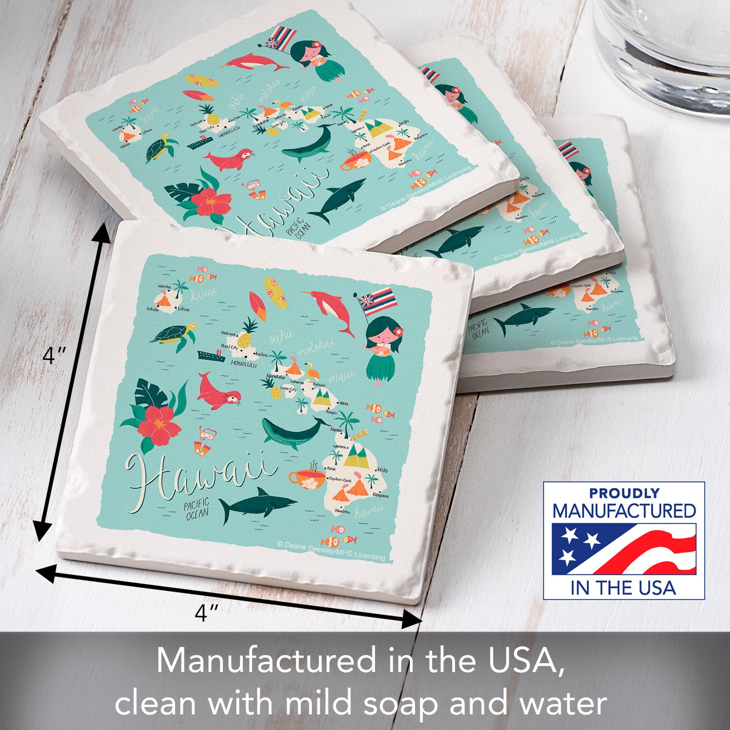 Thirstystone Hawaii Home State 4 Pack Tumbled Tile Stone Coasters 4" Square Manufactured in the USA