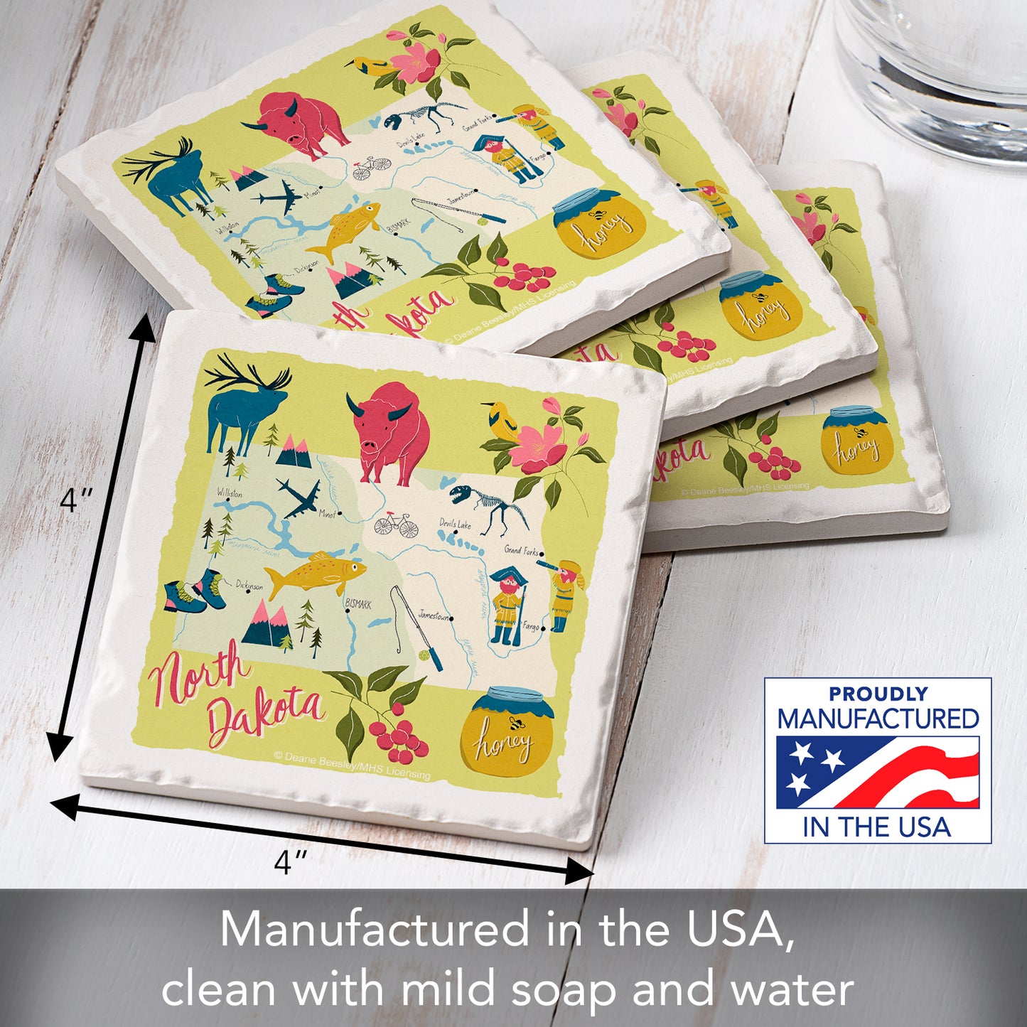 Thirstystone North Dakota Home State 4 Pack Tumbled Tile Stone Coasters 4" Square Manufactured in the USA