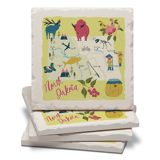 Thirstystone North Dakota Home State 4 Pack Tumbled Tile Stone Coasters 4" Square Manufactured in the USA