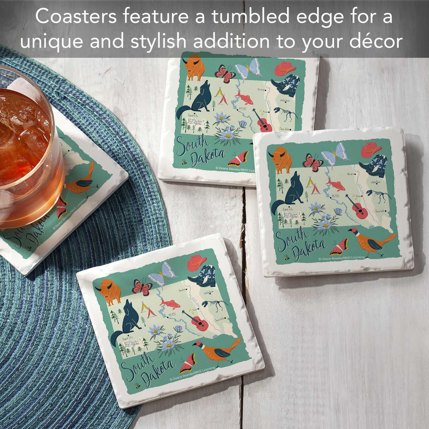 Thirstystone South Dakota Home State 4 Pack Tumbled Tile Stone Coasters 4" Square Manufactured in the USA
