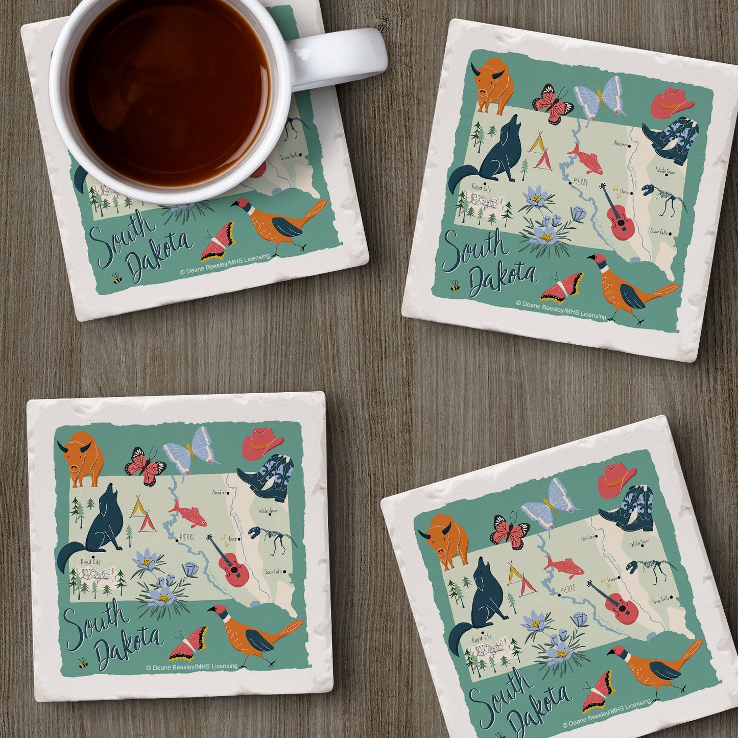 Thirstystone South Dakota Home State 4 Pack Tumbled Tile Stone Coasters 4" Square Manufactured in the USA