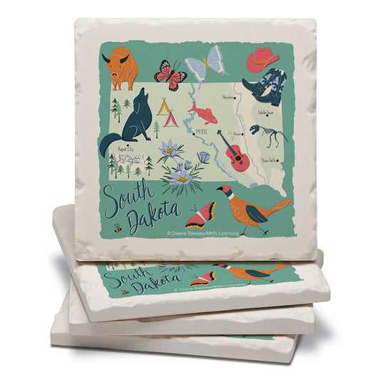 Thirstystone South Dakota Home State 4 Pack Tumbled Tile Stone Coasters 4" Square Manufactured in the USA