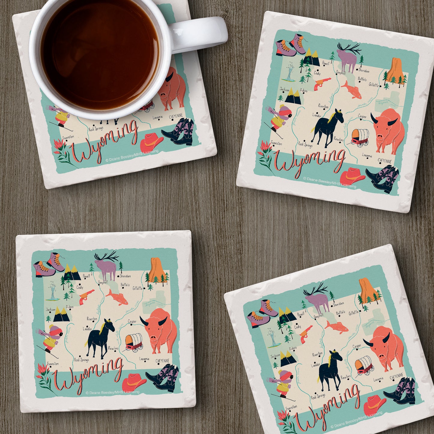 Thirstystone Wyoming Home State 4 Pack Tumbled Tile Stone Coasters 4" Square Manufactured in the USA