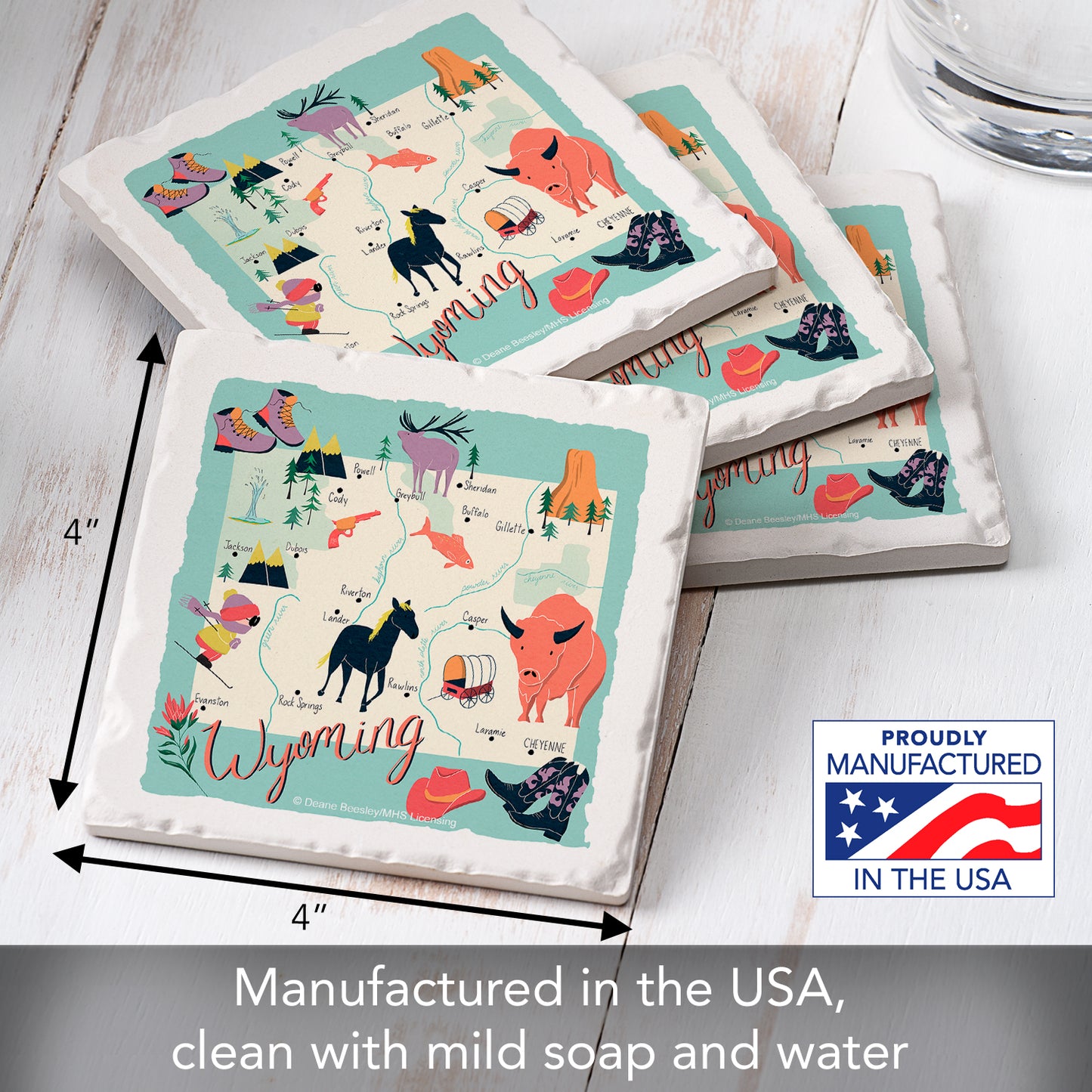 Thirstystone Wyoming Home State 4 Pack Tumbled Tile Stone Coasters 4" Square Manufactured in the USA