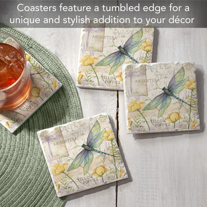 Thirstystone Dragonfly Poppies 4 Pack Tumbled Tile Stone Coasters 4" Square Manufactured in the USA
