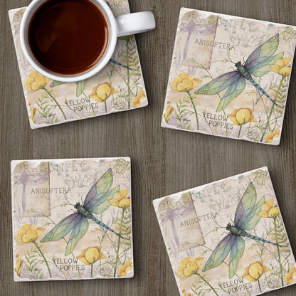 Thirstystone Dragonfly Poppies 4 Pack Tumbled Tile Stone Coasters 4" Square Manufactured in the USA