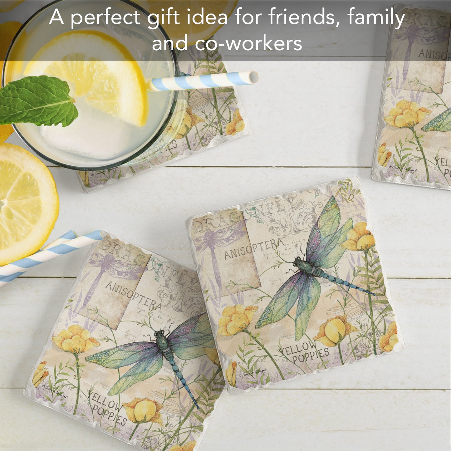 Thirstystone Dragonfly Poppies 4 Pack Tumbled Tile Stone Coasters 4" Square Manufactured in the USA