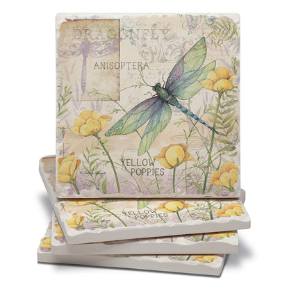 Thirstystone Dragonfly Poppies 4 Pack Tumbled Tile Stone Coasters 4" Square Manufactured in the USA