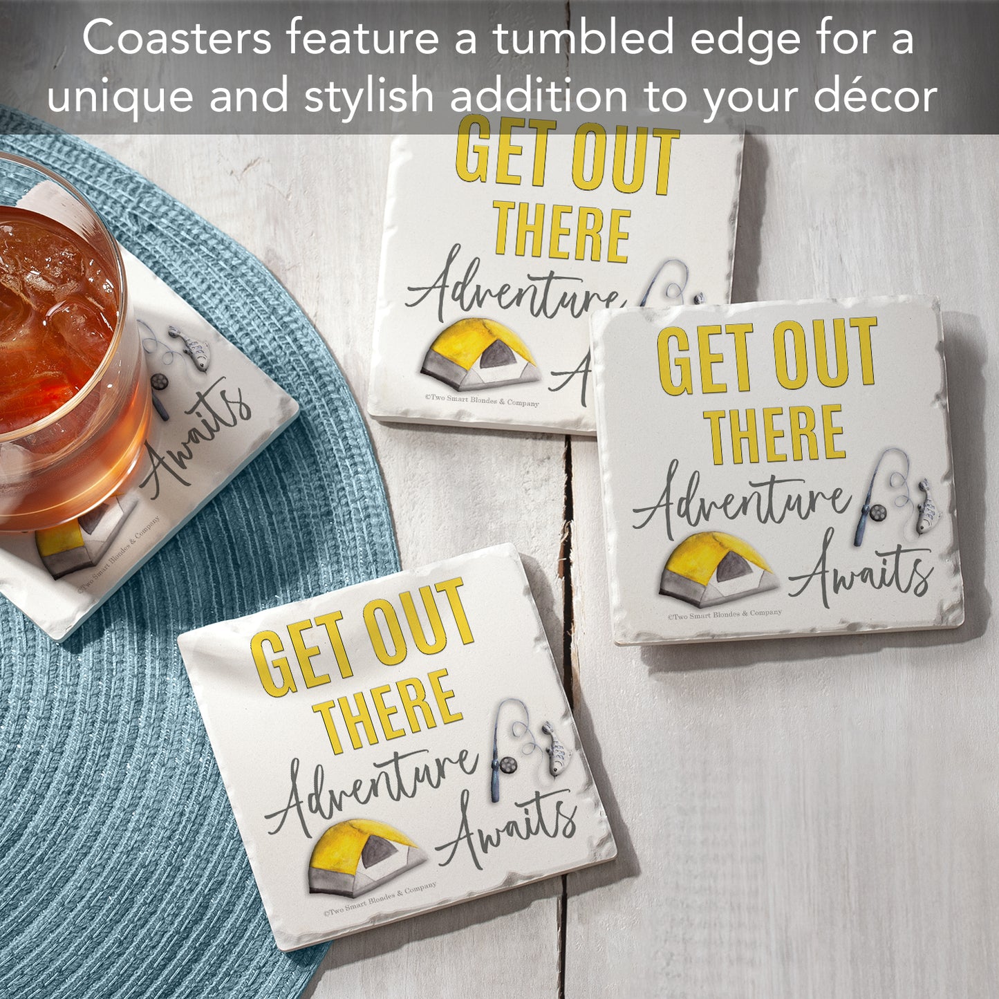 Thirstystone Get Out There 4-Pack Tumbled Tile Stone Coasters 4" Square Manufactured in the USA